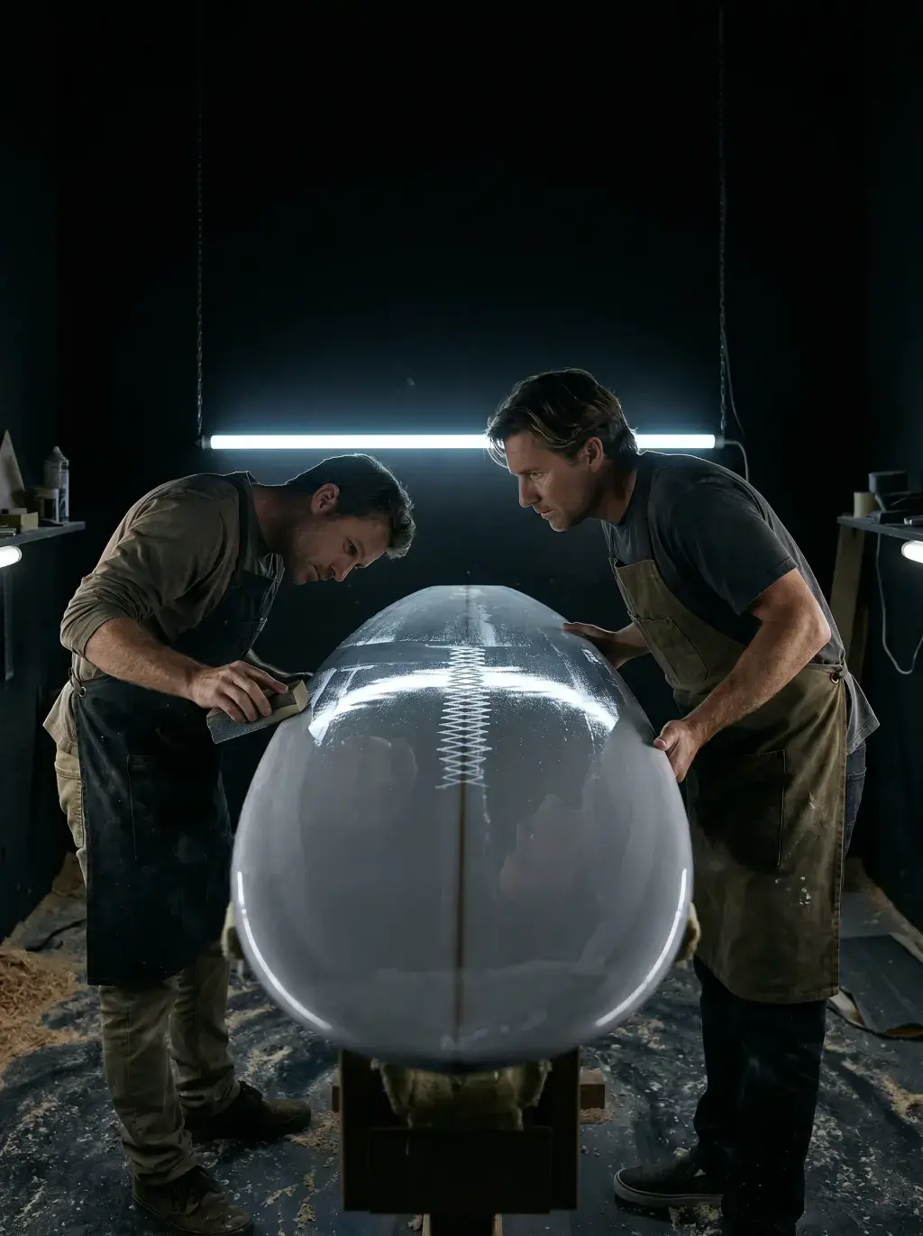 Deux artisans examinant une planche de surf blanche sous lumière néon dans un atelier sombre