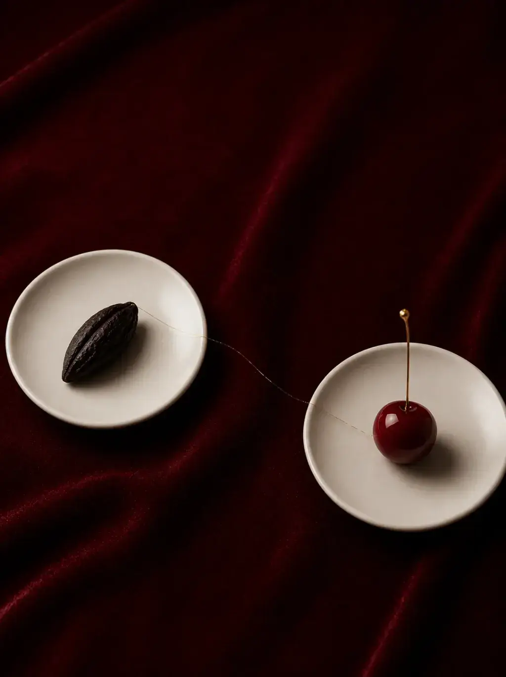 Deux assiettes blanches sur velours bordeaux – cacao et cerise avec fil doré, variante grand angle
