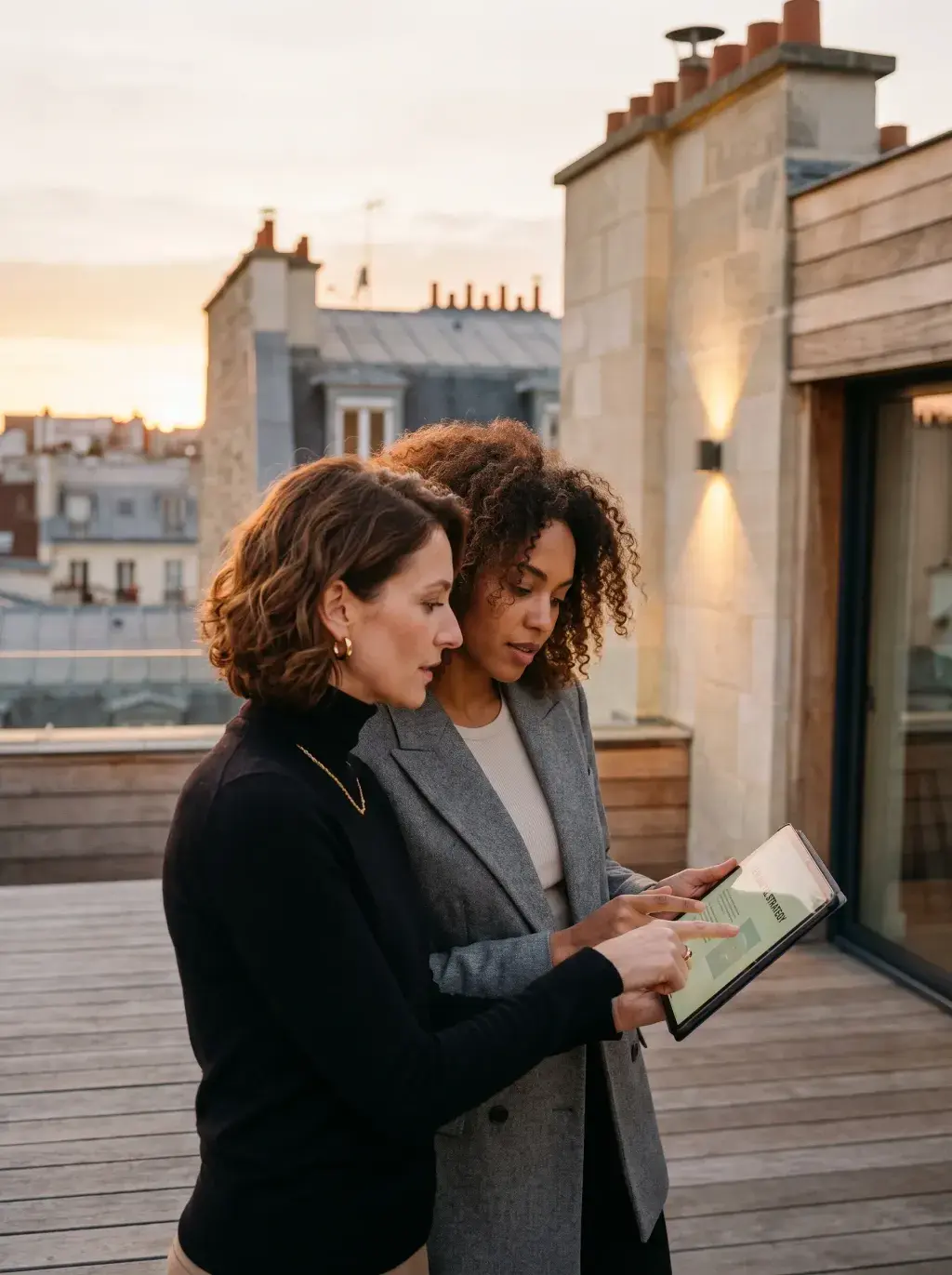 Deux associées consultant une tablette sur une terrasse parisienne au coucher du soleil