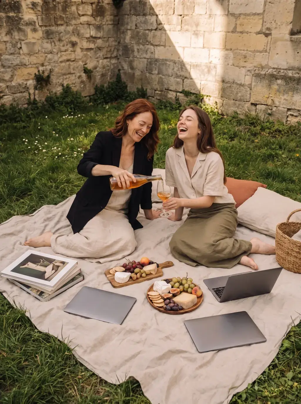 Deux associées pique-niquant avec vin et fromages et leurs laptops dans le jardin