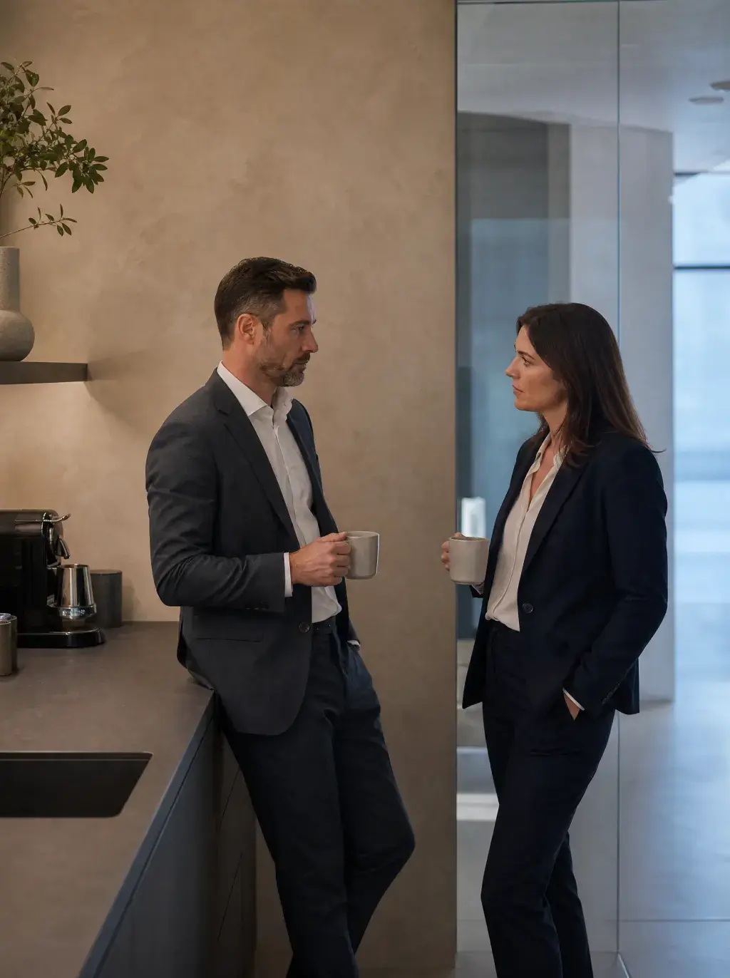 Deux collègues en costume conversant de façon informelle avec des mugs dans une cuisine de bureau design