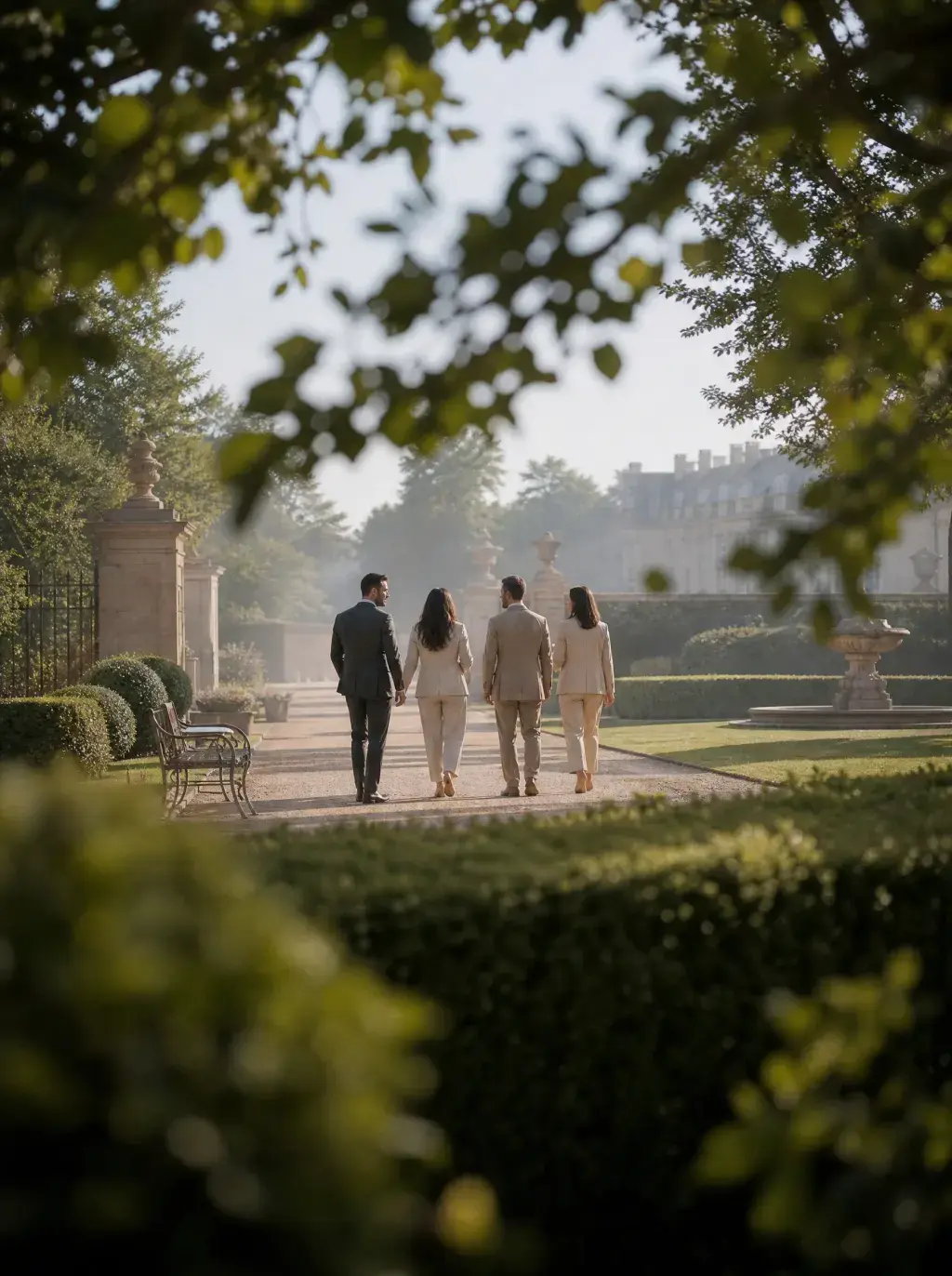 Deux couples de dos marchant dans un grand jardin à la française bruissant de vert au matin