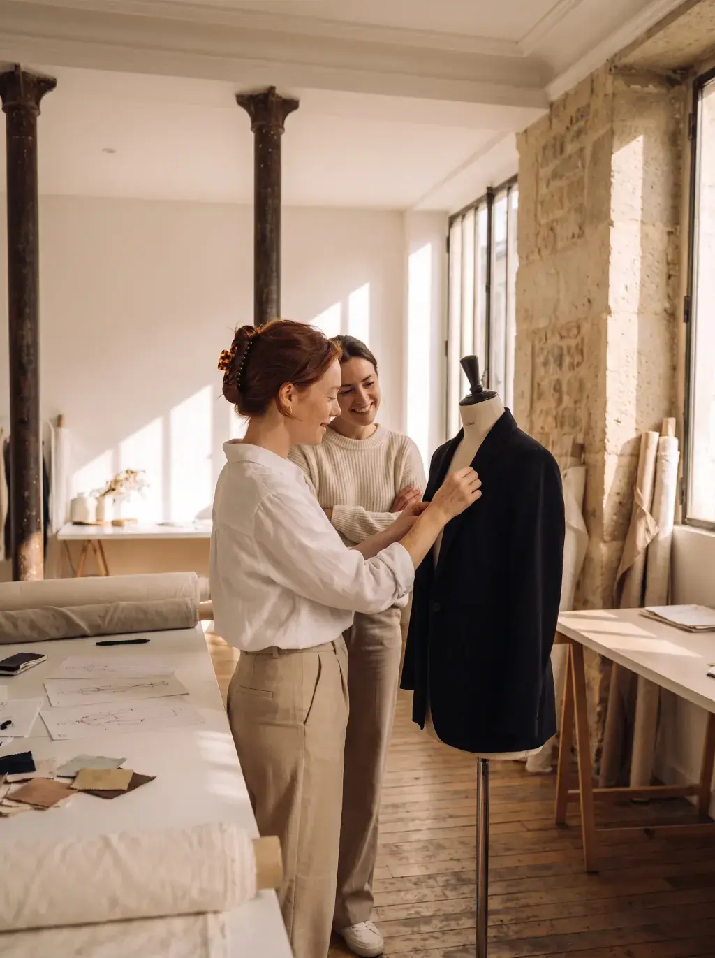 Deux créatrices de mode ajustant un veston sur un mannequin en atelier