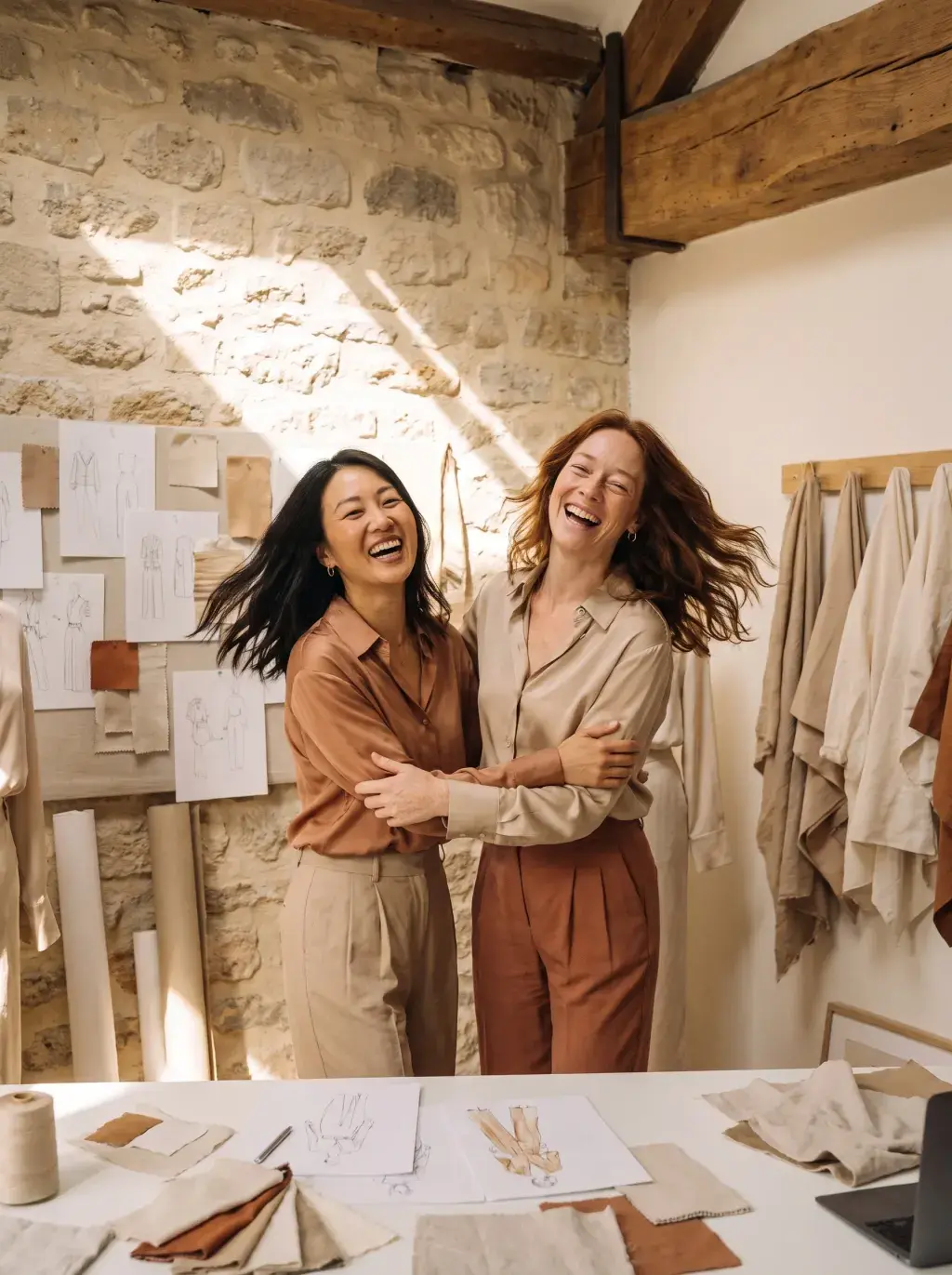Deux créatrices de mode riant dans leur atelier avec tissus et esquisses