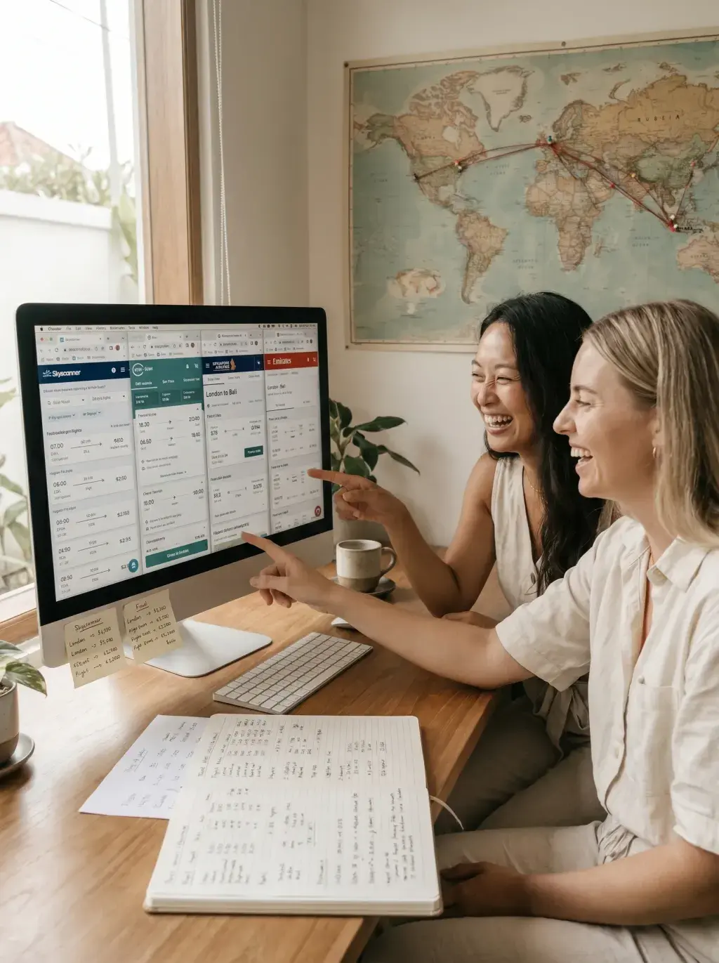 Deux femmes (asiatique et blonde) pointant et riant devant grand écran iMac affichant un site de réservation de vols, carte du monde