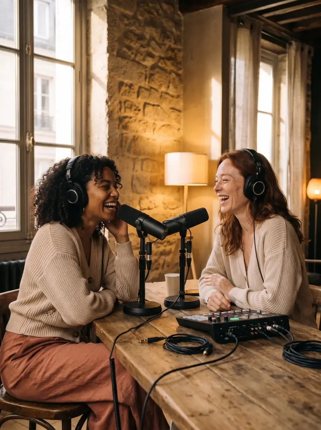 Deux femmes enregistrant un podcast avec casques et micros dans un café