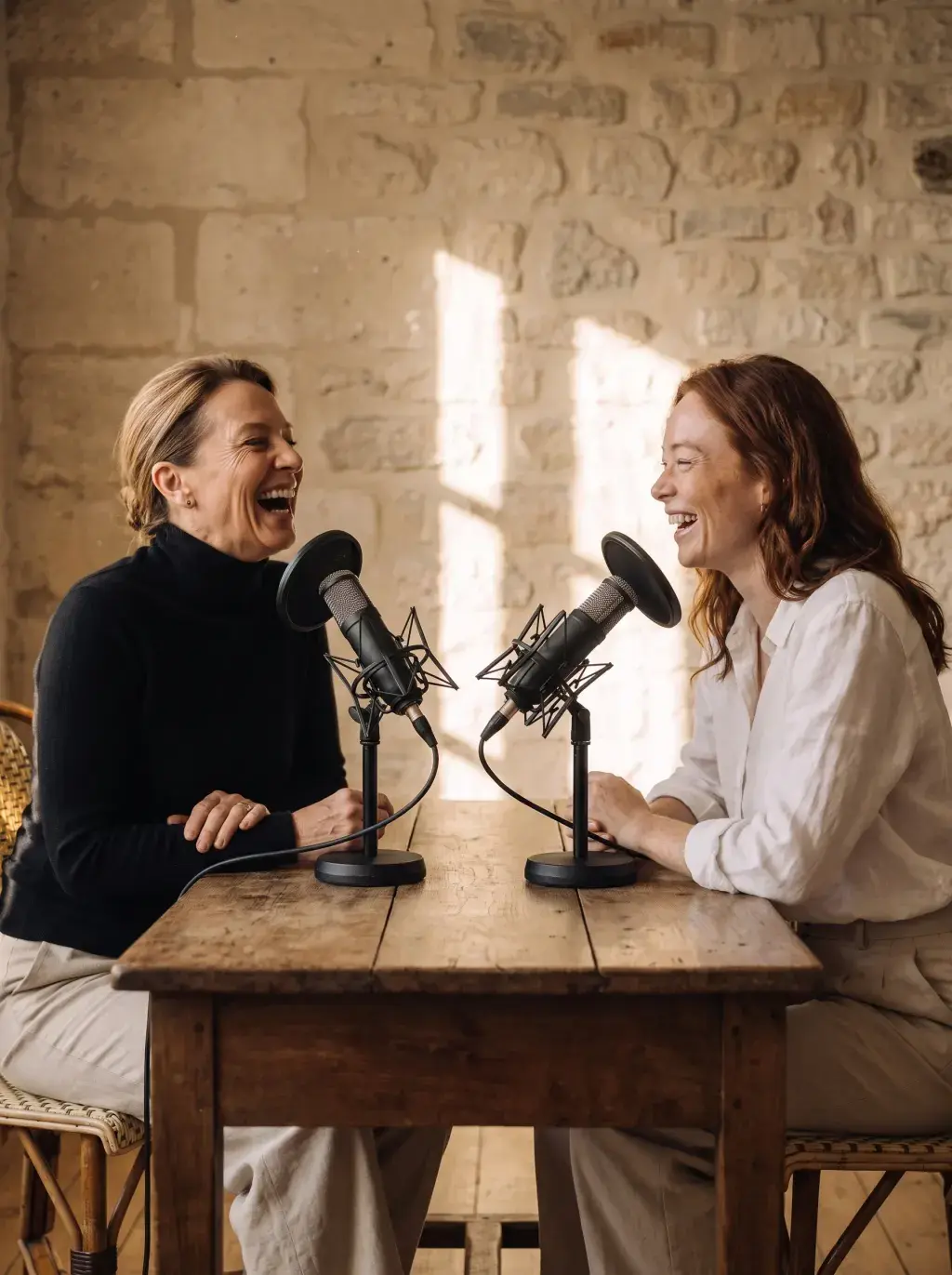 Deux femmes enregistrant un podcast face à face avec micros dans un espace en pierre
