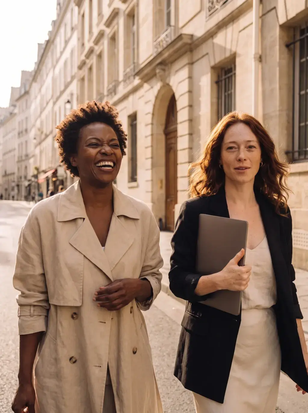 Deux femmes marchant et riant dans une rue parisienne haussmannienne ensoleillée