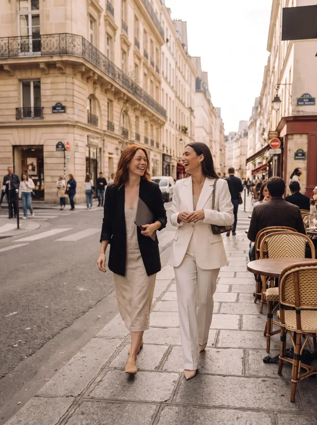 Deux femmes marchant et riant ensemble dans une rue parisienne