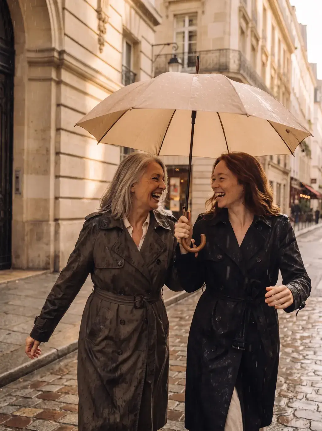 Deux femmes marchant sous un parapluie dans une rue pavée de Paris sous la pluie