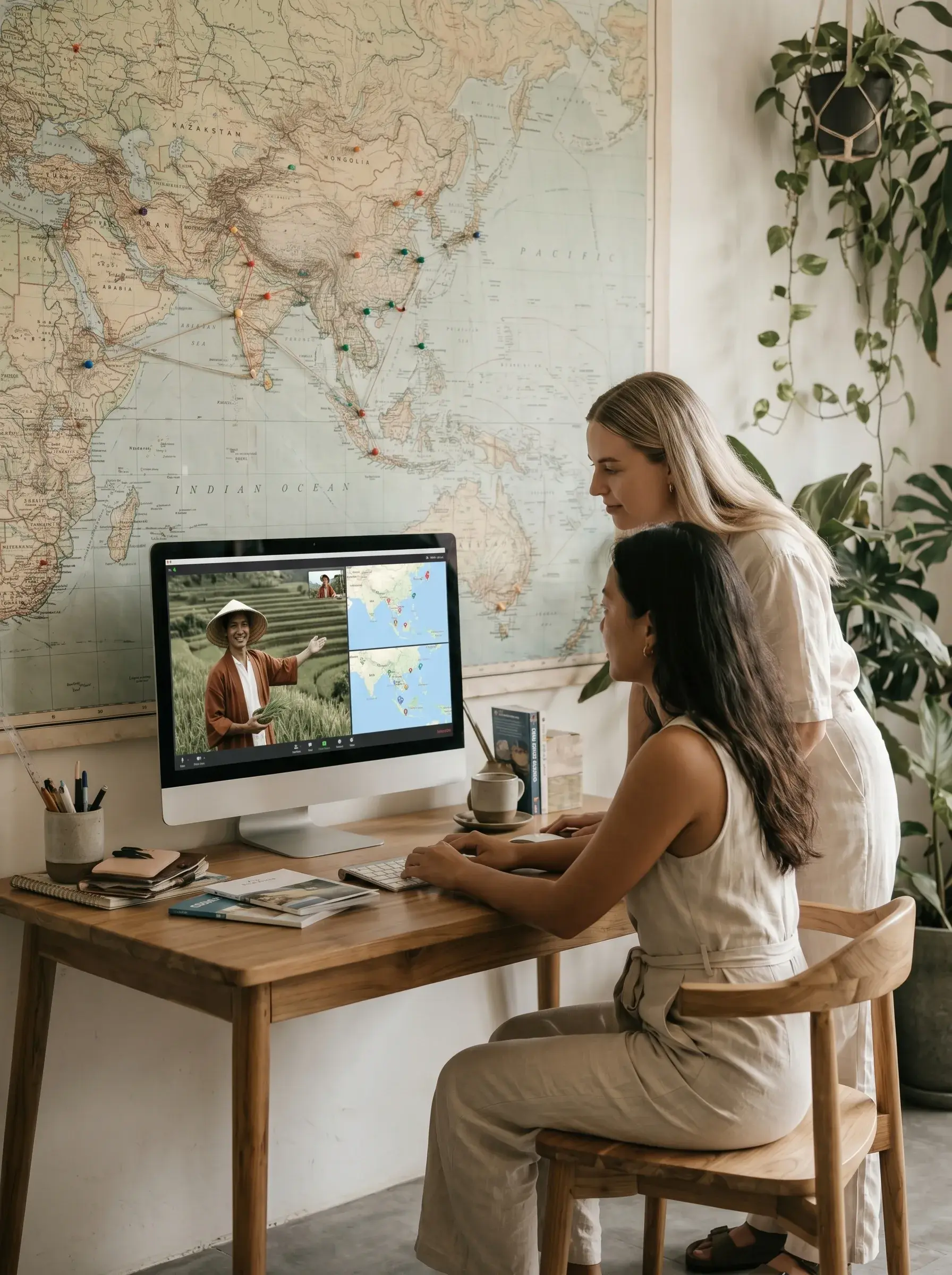 Deux femmes regardant ensemble un iMac affichant un appel vidéo avec un agriculteur en chapeau conique dans les rizières et une carte d'Asie