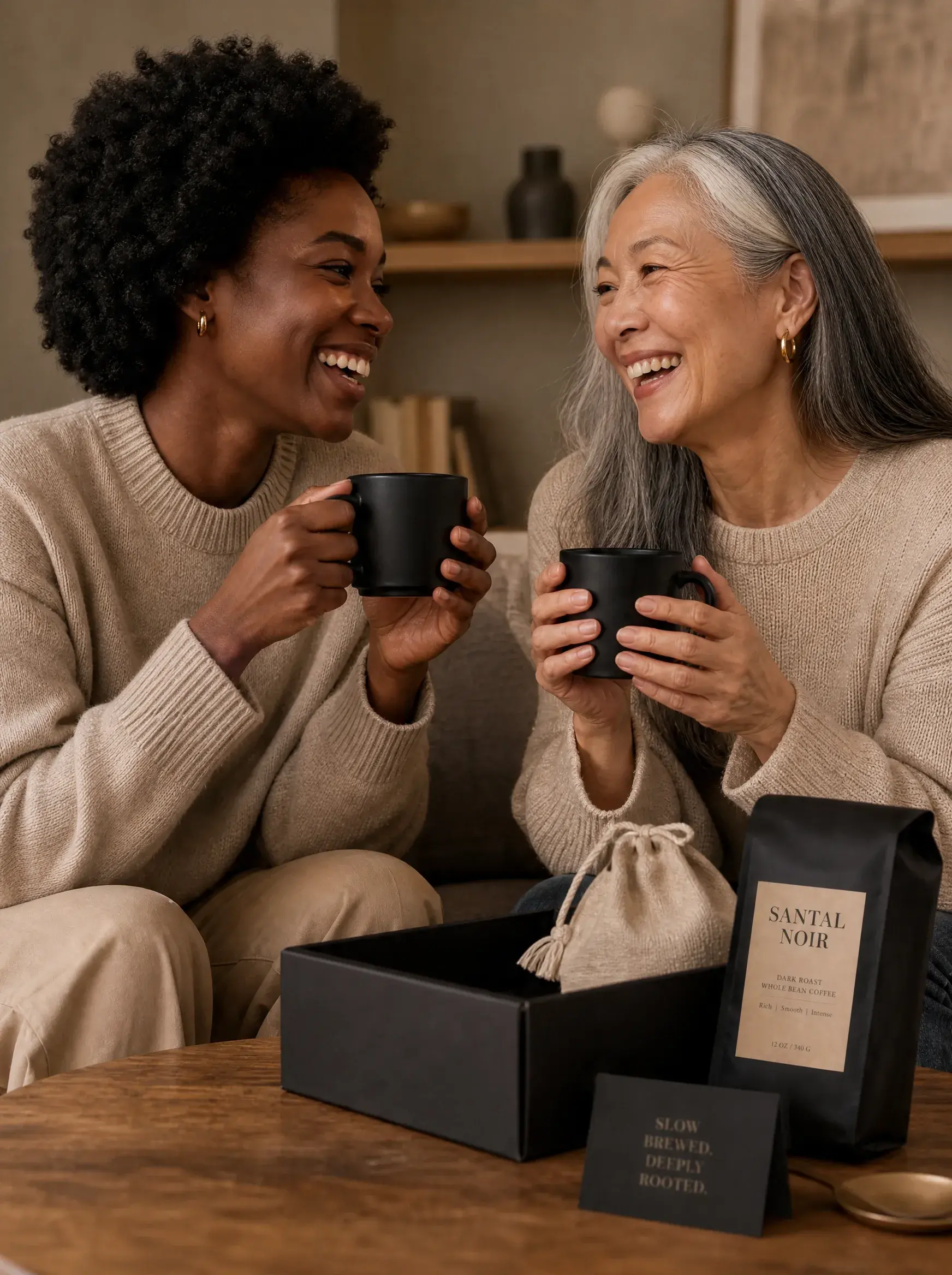 Deux femmes riant avec mugs café – coffret cadeau ouvert, sachet artisanal, moment de partage