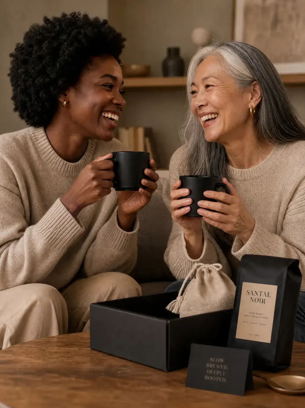 Deux femmes riant avec mugs café – coffret cadeau ouvert, sachet artisanal, moment de partage