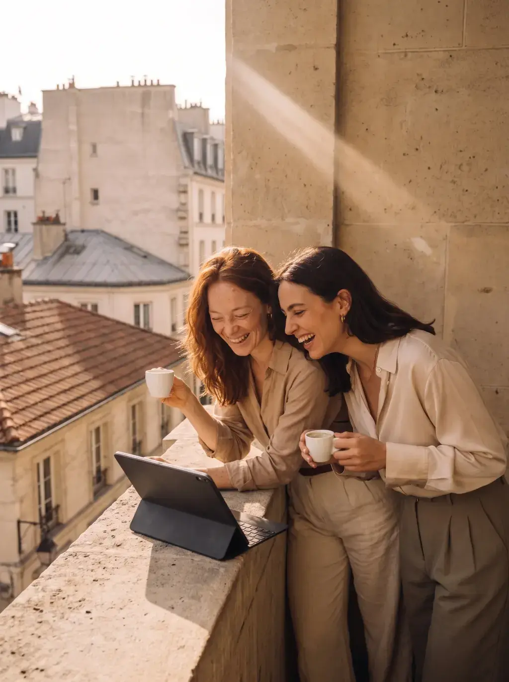 Deux femmes riant sur un balcon parisien avec tablette et cafés