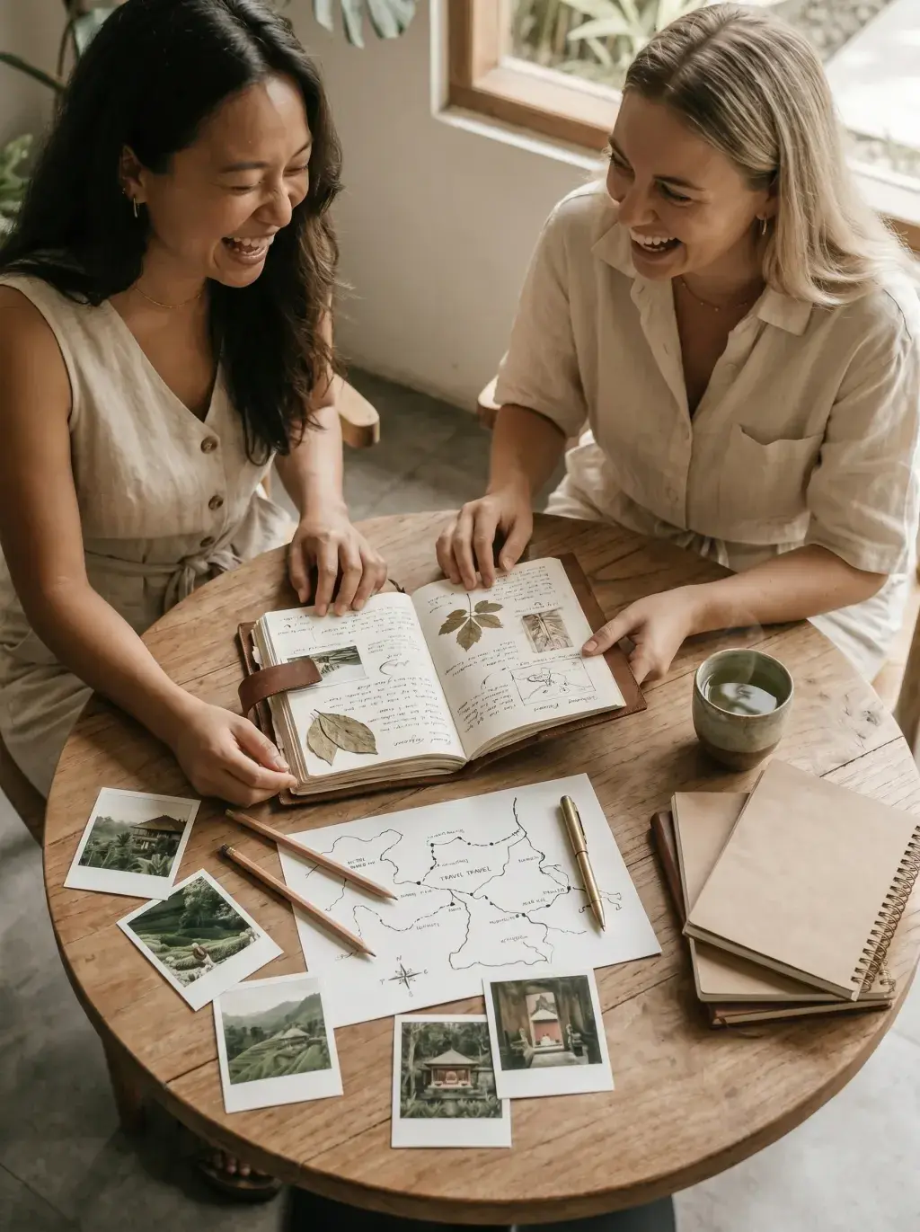 Deux femmes souriant sur table ronde avec carnet de voyage aquarelle ouvert, cartes dessinées de Bali, polaroids de temples, thé vert