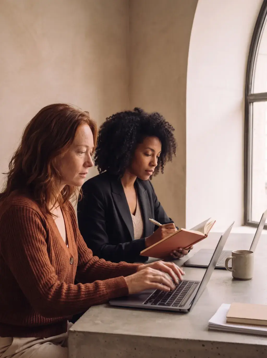 Deux femmes travaillant en silence au rebord d'une fenêtre cintrée — laptop et carnet