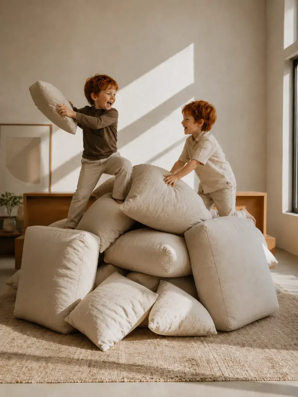 Deux frères roux en bataille d'oreillers sur des coussins