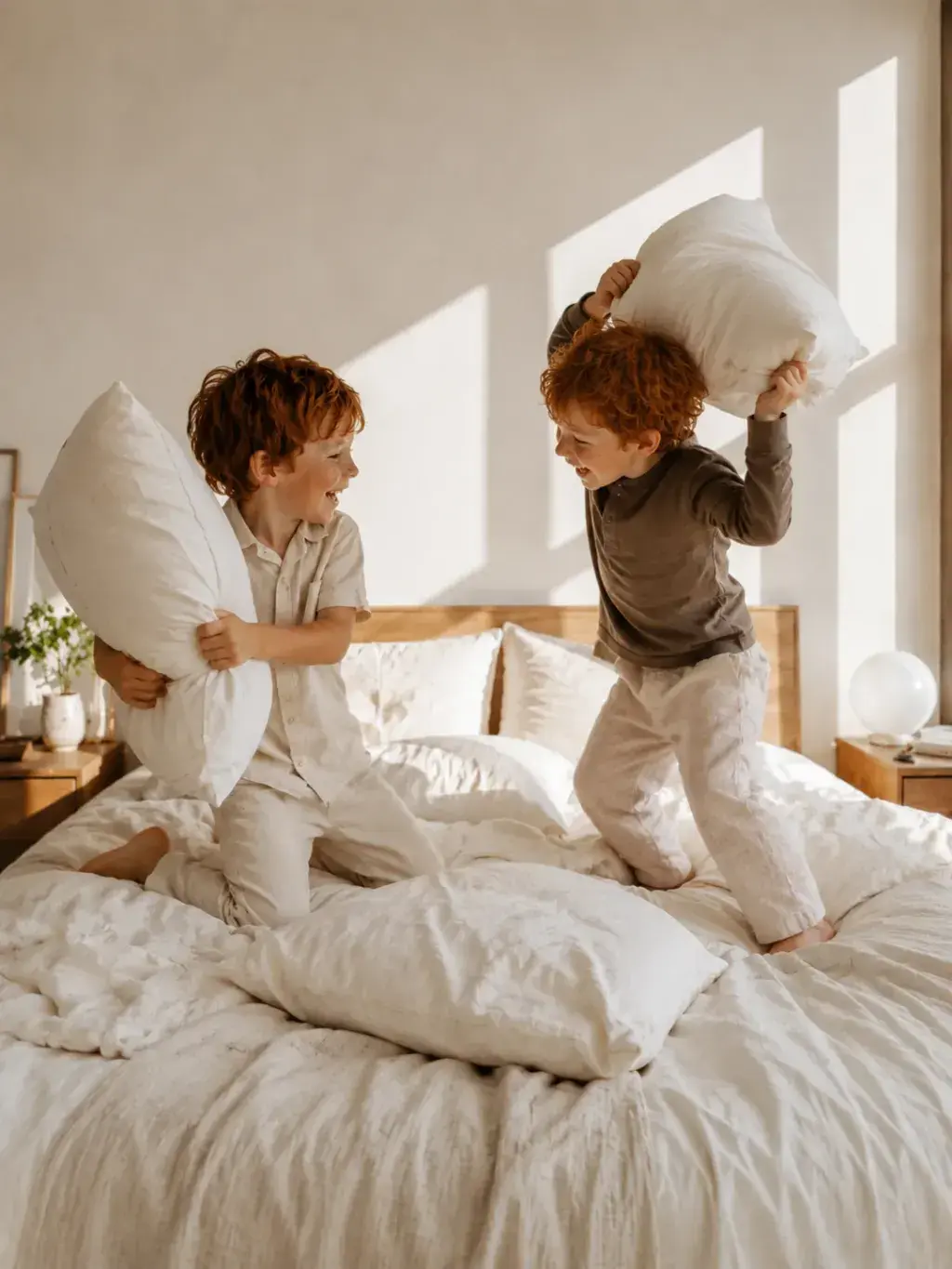 Deux frères roux en bataille d'oreillers sur le lit – chambre lumineuse et minimaliste