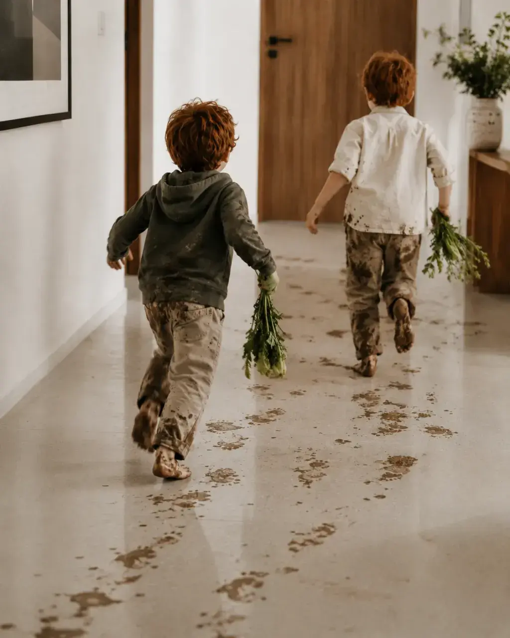 Deux garçons boueux courant dans le couloir blanc avec des plantes