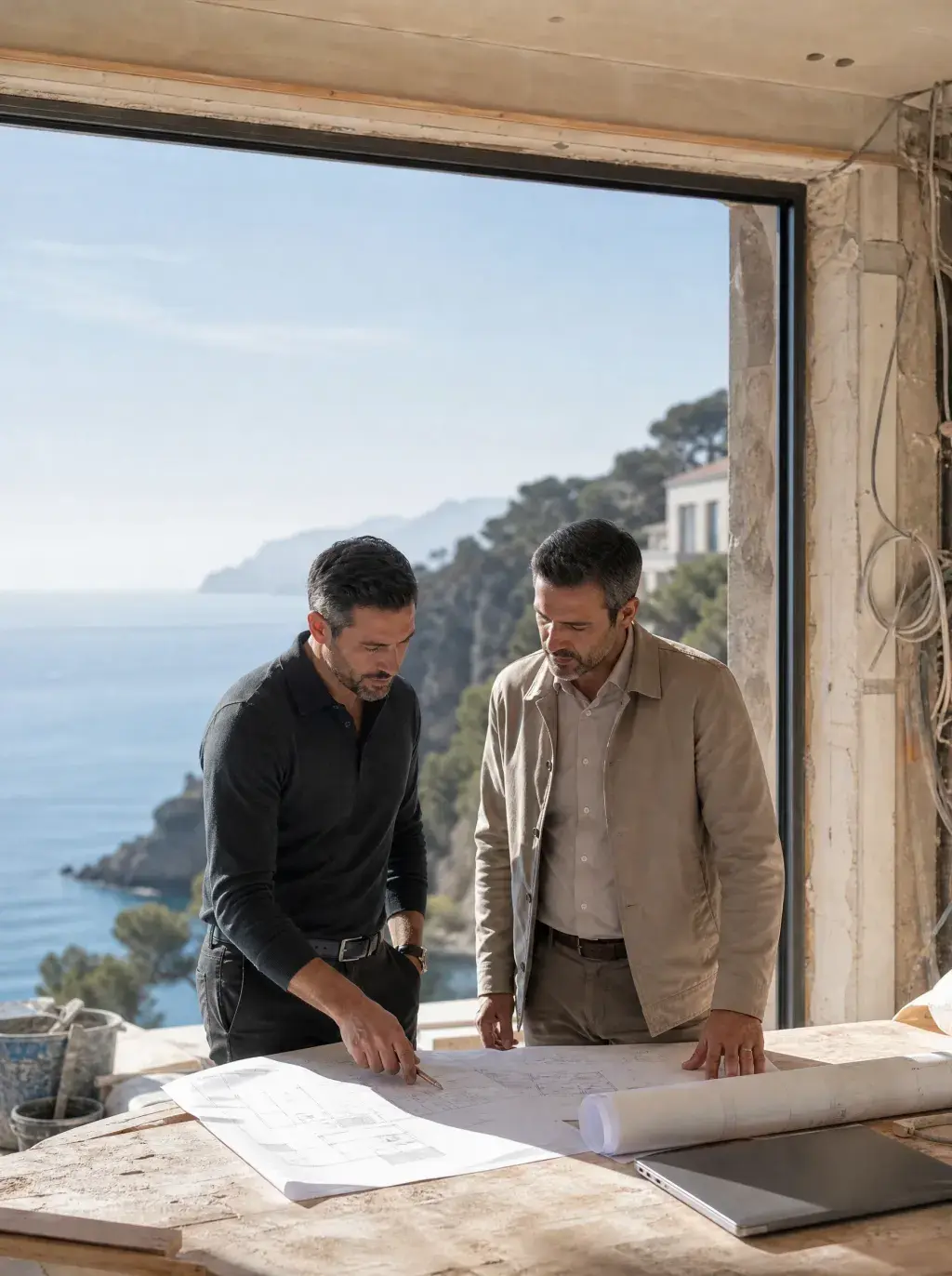 Deux hommes étudiant des plans architecturaux dans un chantier avec vue sur mer méditerranéenne