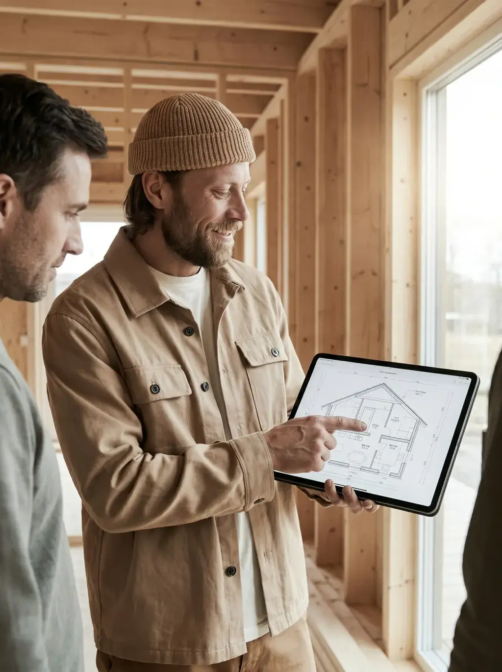 Deux hommes étudiant un plan de maison sur une tablette dans une construction en bois