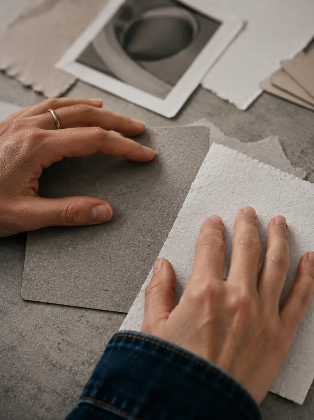 Deux mains comparant des échantillons de papier texturé gris foncé et gris clair sur table béton avec polaroid en fond