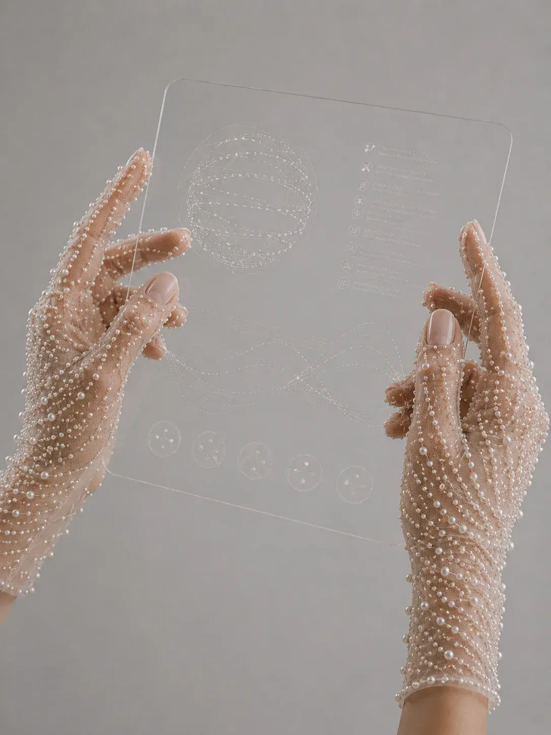 Deux mains en gants de tulle incrustés de micro-perles tenant une plaque de verre gravée de cercles moléculaires