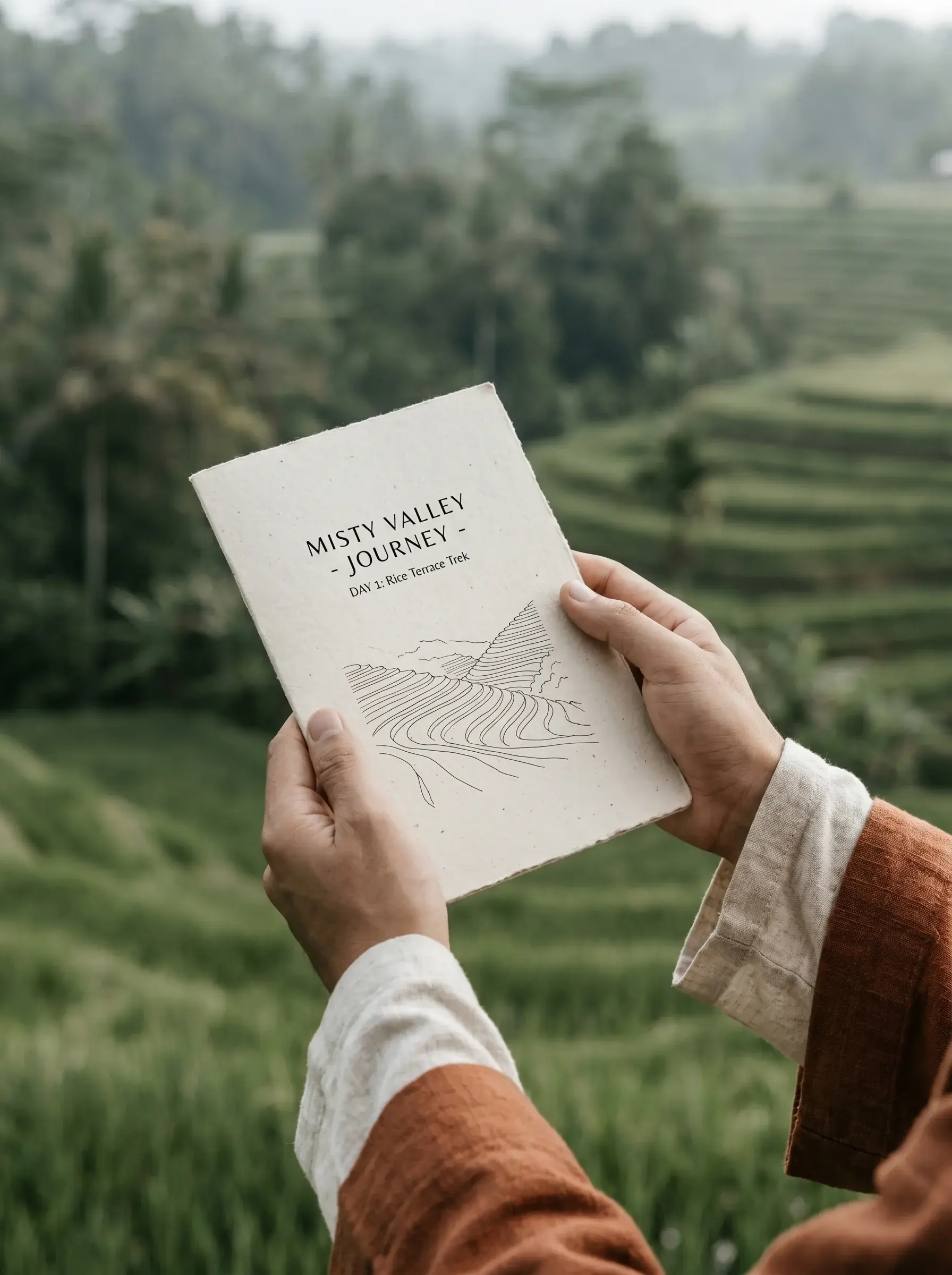 Deux mains tenant guide de voyage illustré – rizières en terrasses verdoyantes en fond, Asie