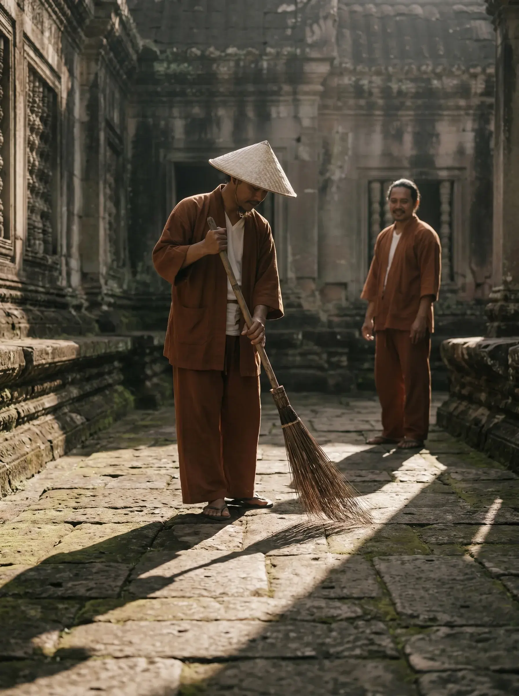 Deux moines en tenue brune balayant les dalles d'un temple khmer en pierre, lumière rasante dorée et colonnes sculptées