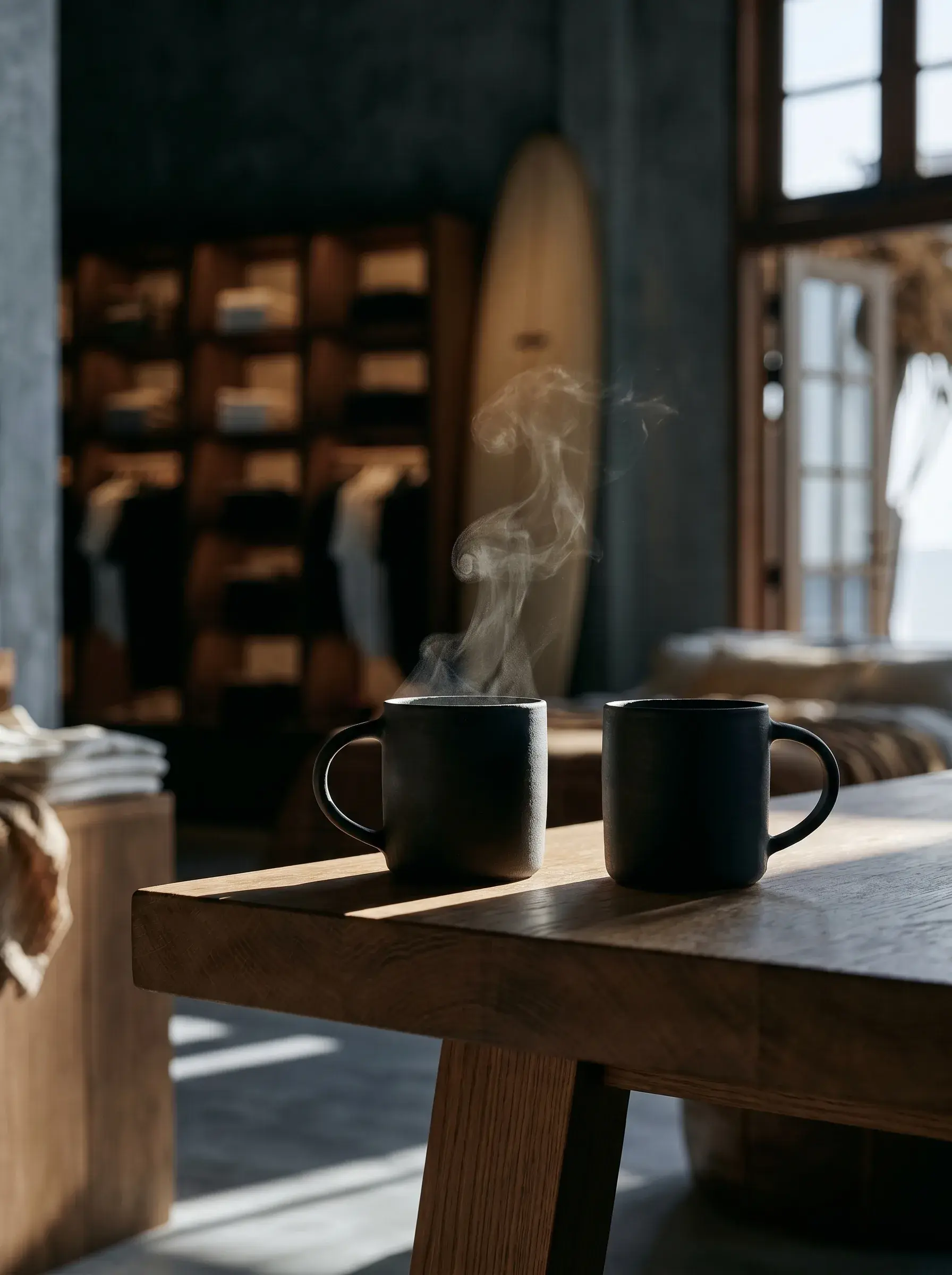 Deux mugs noirs fumants sur table en bois dans une boutique de surf en lumière naturelle