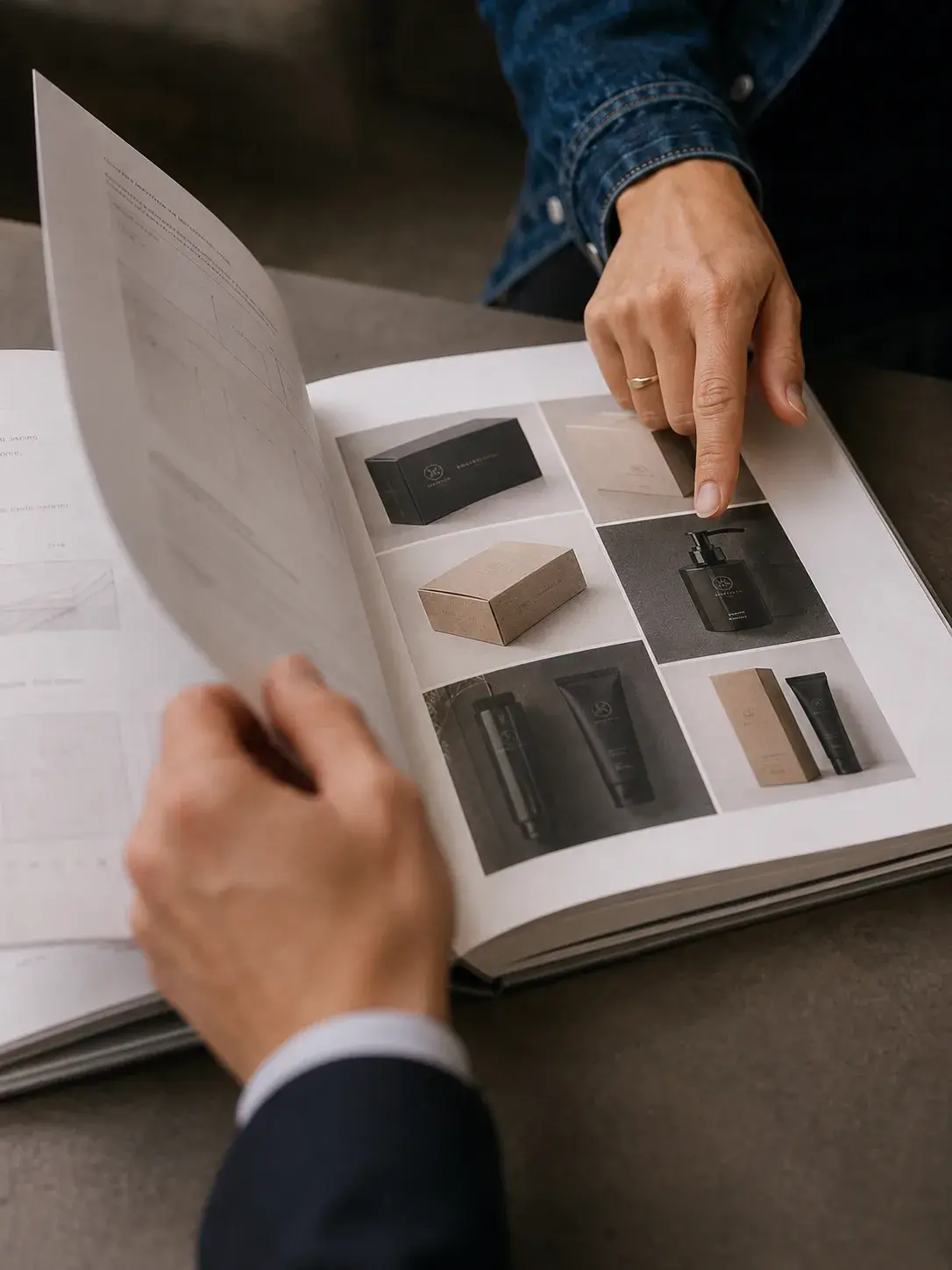 Deux paires de mains (graphiste et client) feuilletant ensemble un lookbook photographique produit sur table