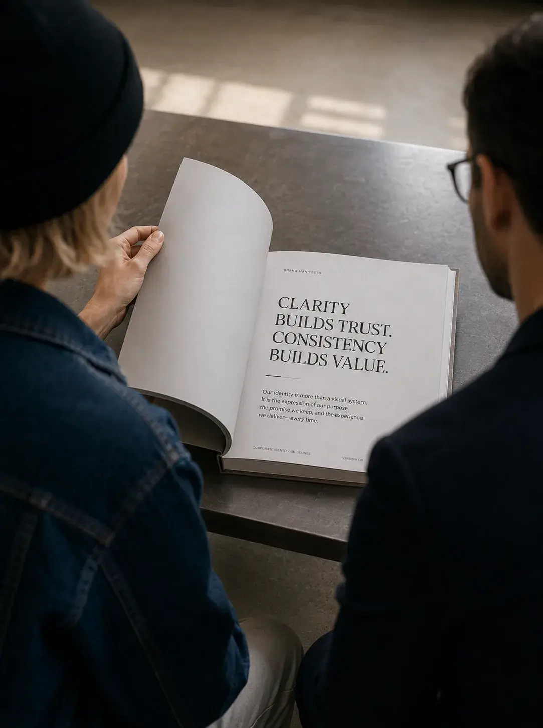 Deux personnes de dos feuilletant ensemble un livre ouvert sur la citation « Clarity Builds Trust. Consistency Builds Value. »
