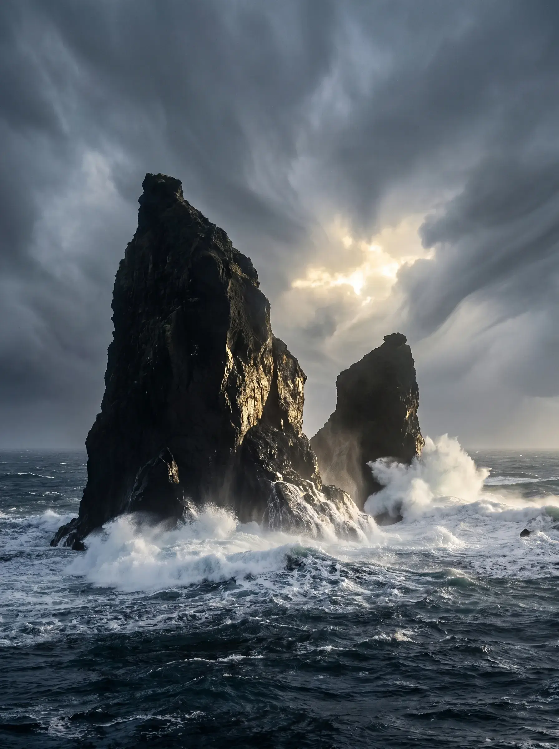 Deux rochers volcaniques dans mer déchaînée – percée de lumière entre les falaises, ciel dramatique
