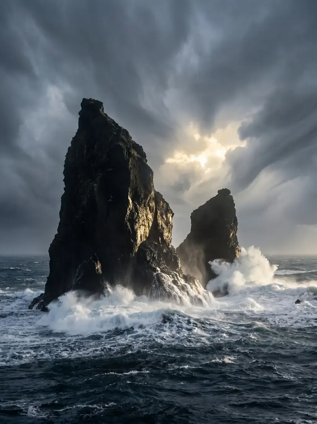 Deux rochers volcaniques dans mer déchaînée – percée de lumière entre les falaises, ciel dramatique