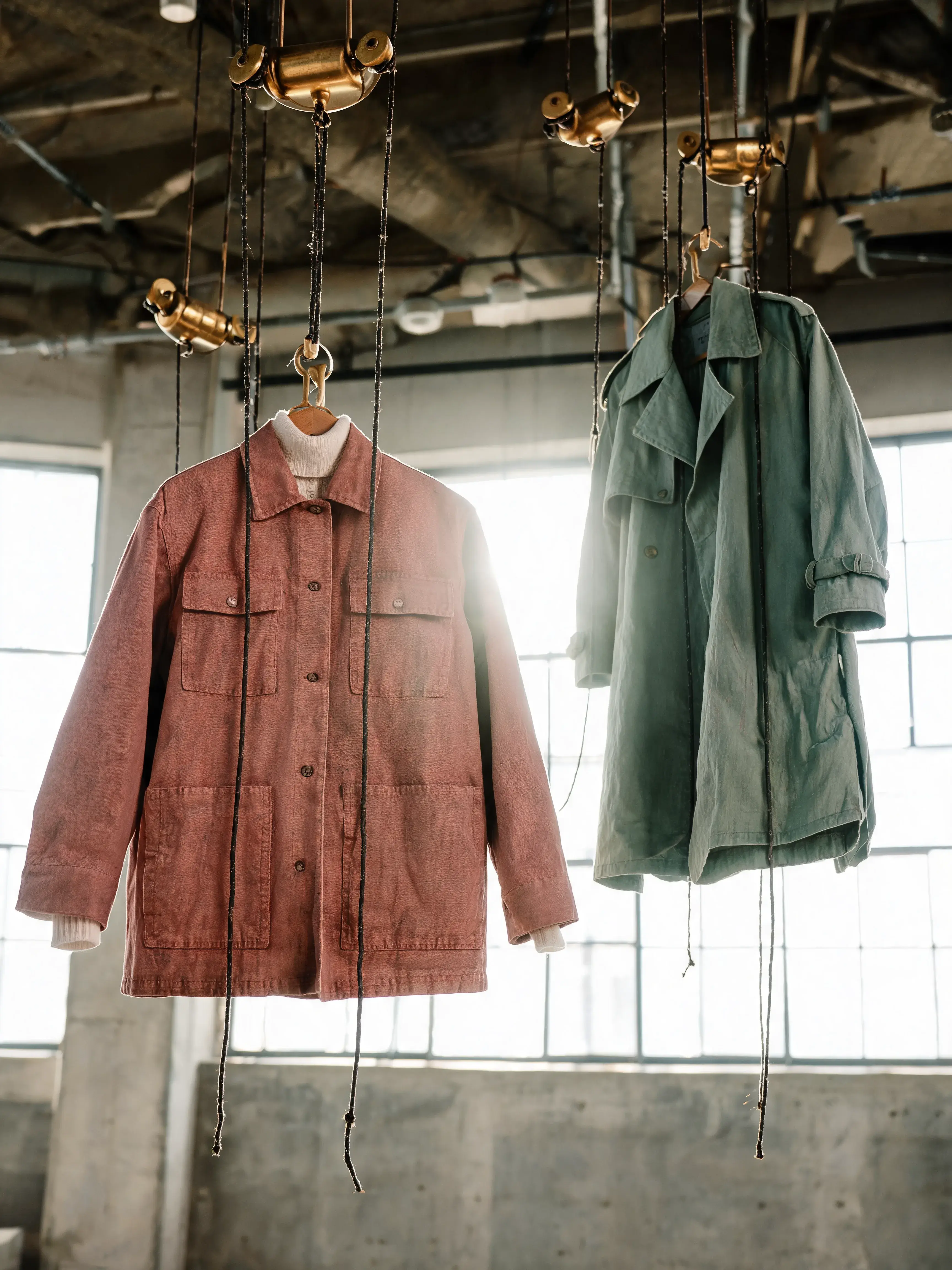 Deux vestes suspendues câbles laiton – veste terracotta et trench vert, contre-jour, atelier