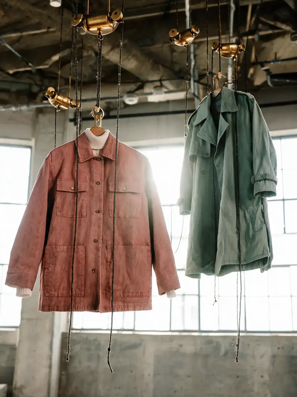 Deux vestes suspendues câbles laiton – veste terracotta et trench vert, contre-jour, atelier