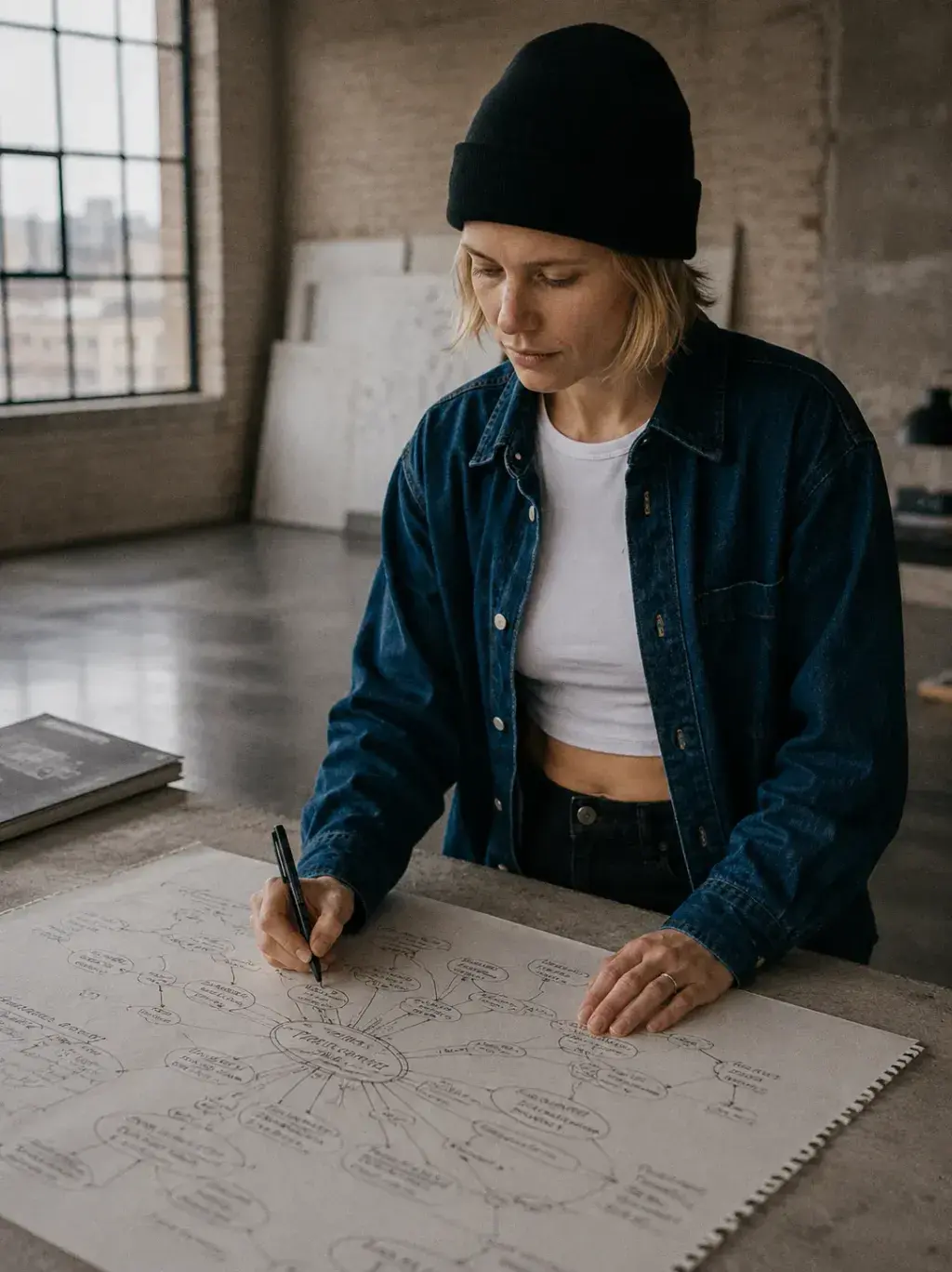 Directrice artistique – carte mentale, grande table béton, fenêtre urbaine