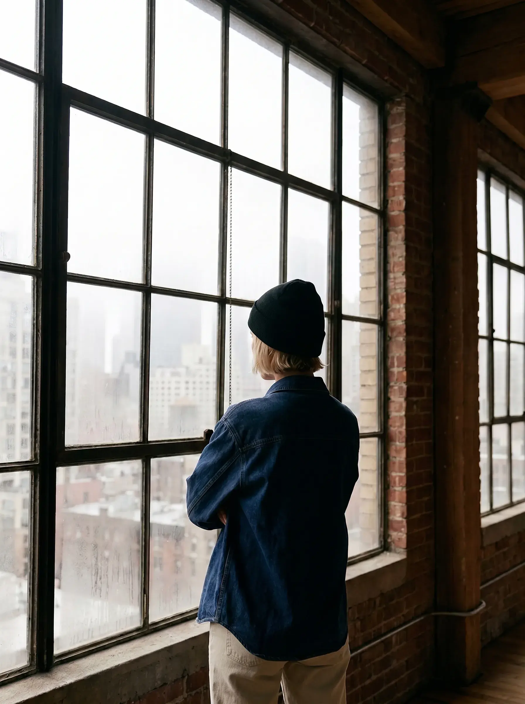 Directrice artistique de dos – grande fenêtre loft, vue Manhattan, bras croisés