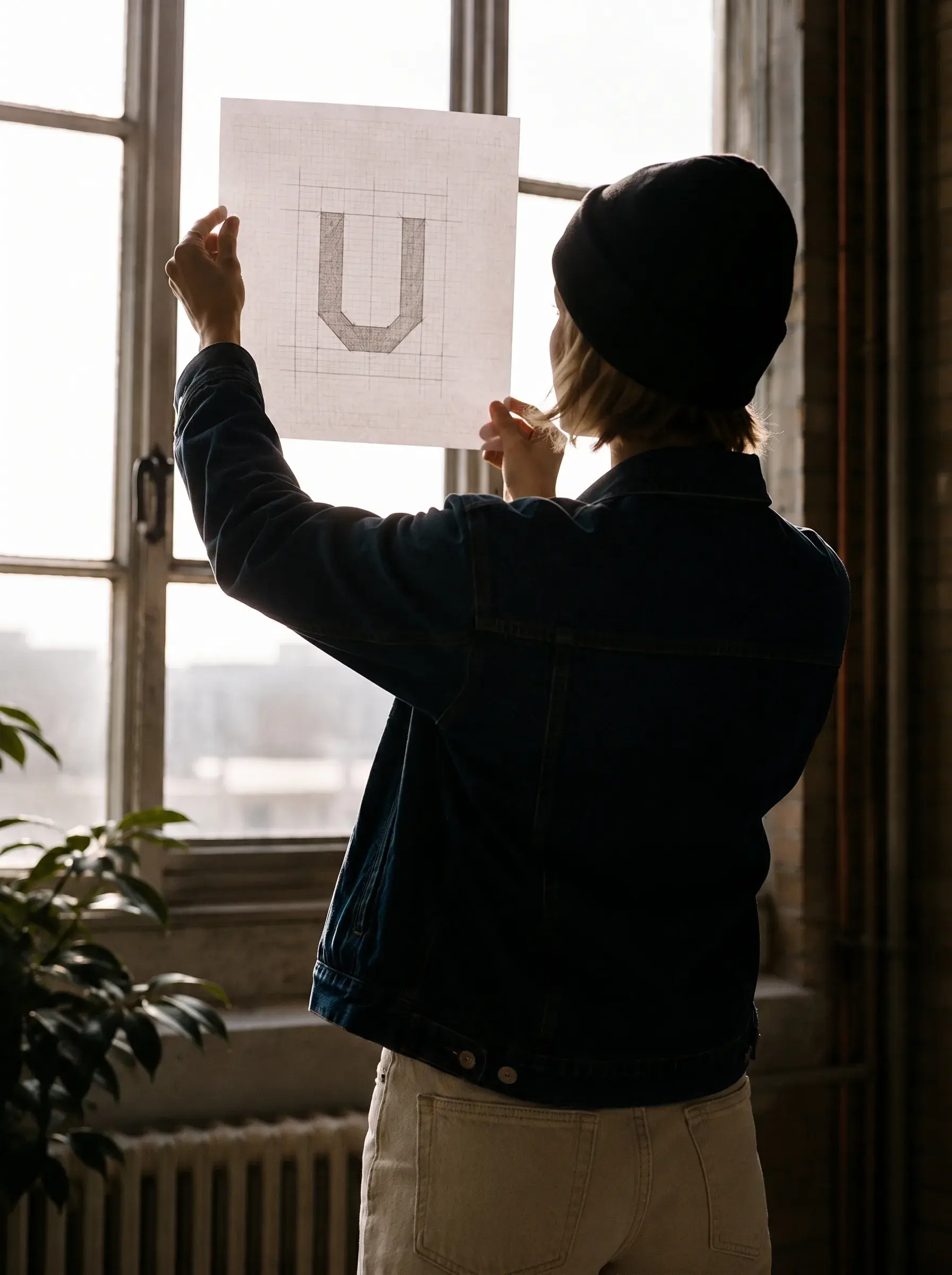 Directrice artistique de dos – grille de construction lettre U, contre-jour, fenêtre