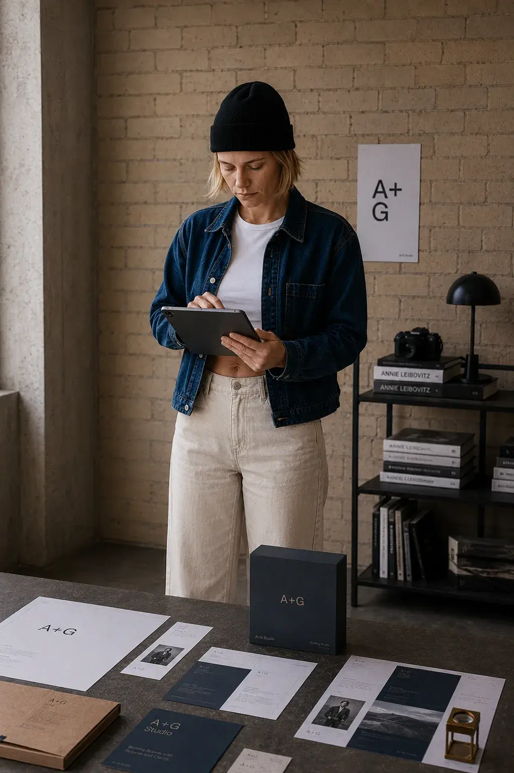 Directrice artistique debout consultant une tablette devant table avec livrables A+G et boîte navy dans studio brique
