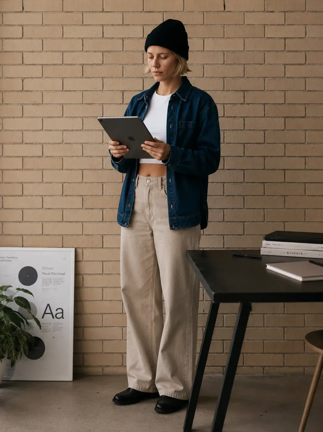 Directrice artistique debout – tablette numérique, mur brique, affiche