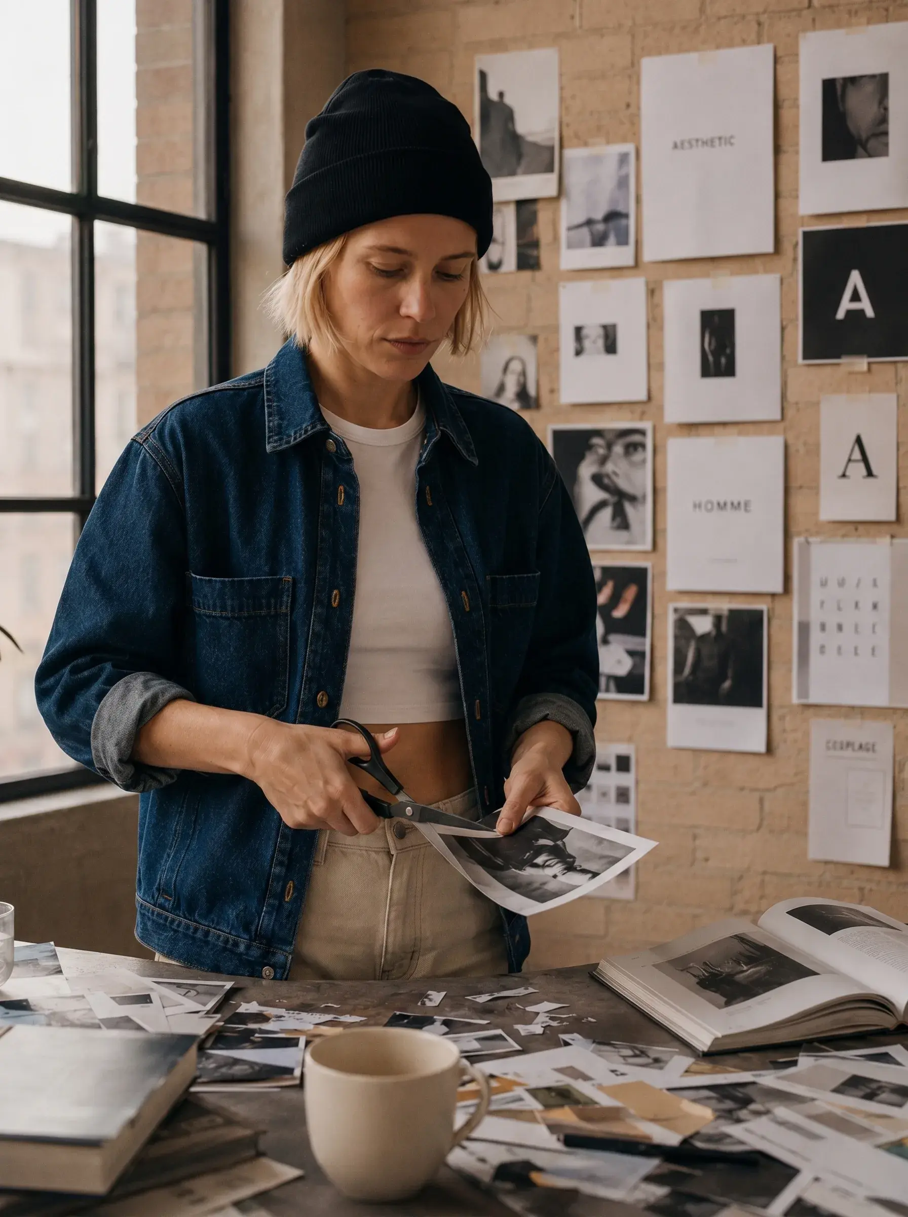 Directrice artistique – découpe photos, ciseaux, tableau d'inspiration mur