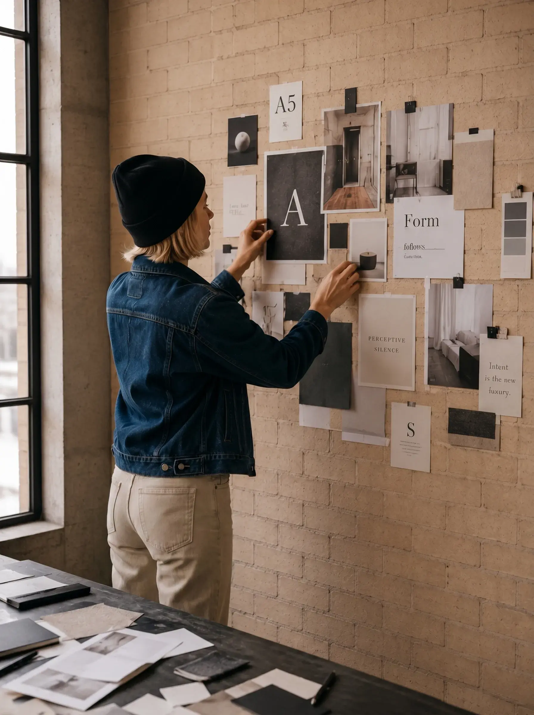 Directrice artistique – épinglage mur d'inspiration, studio brique, de dos