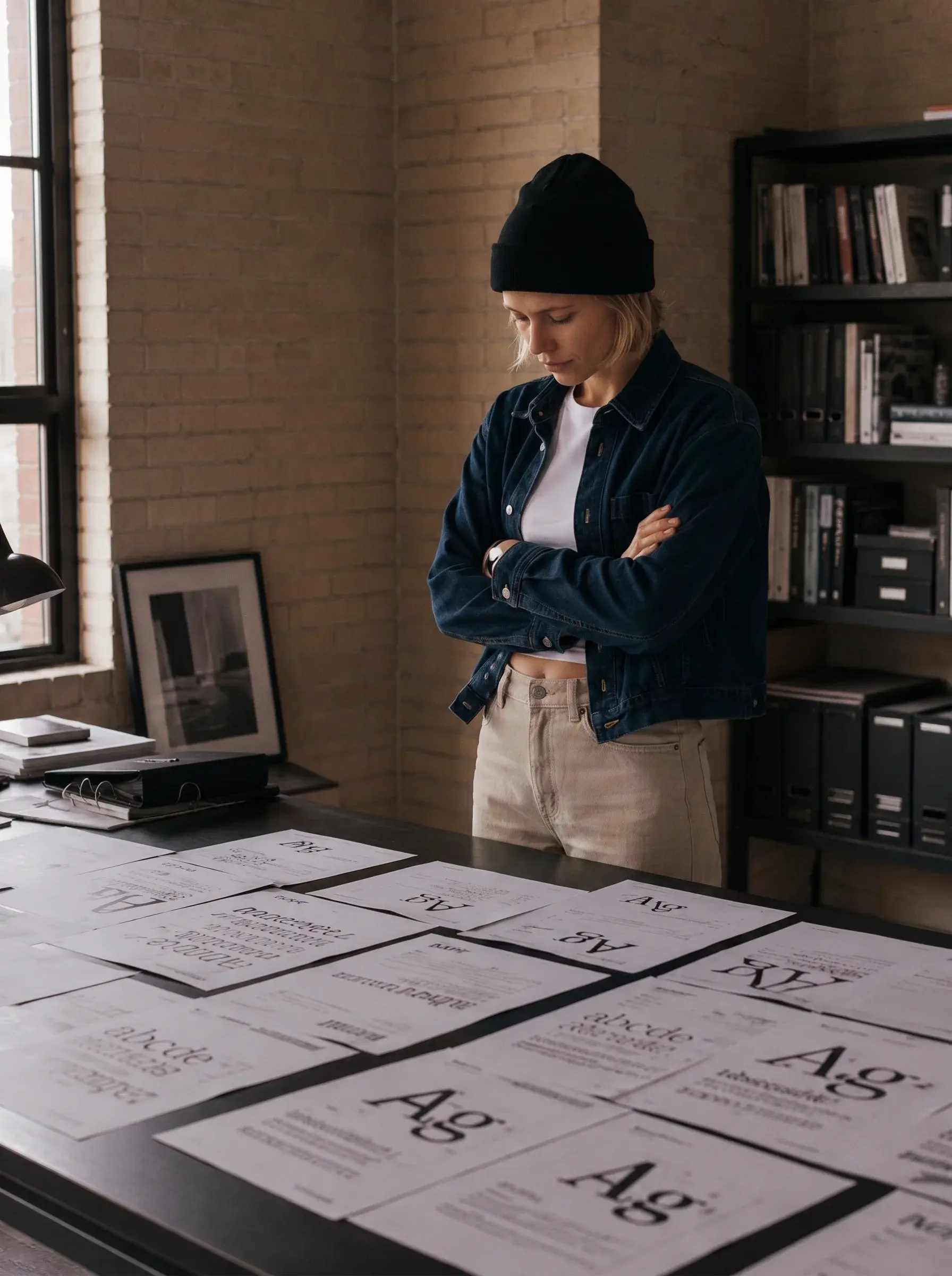Directrice artistique – évaluation spécimens typographiques, bras croisés