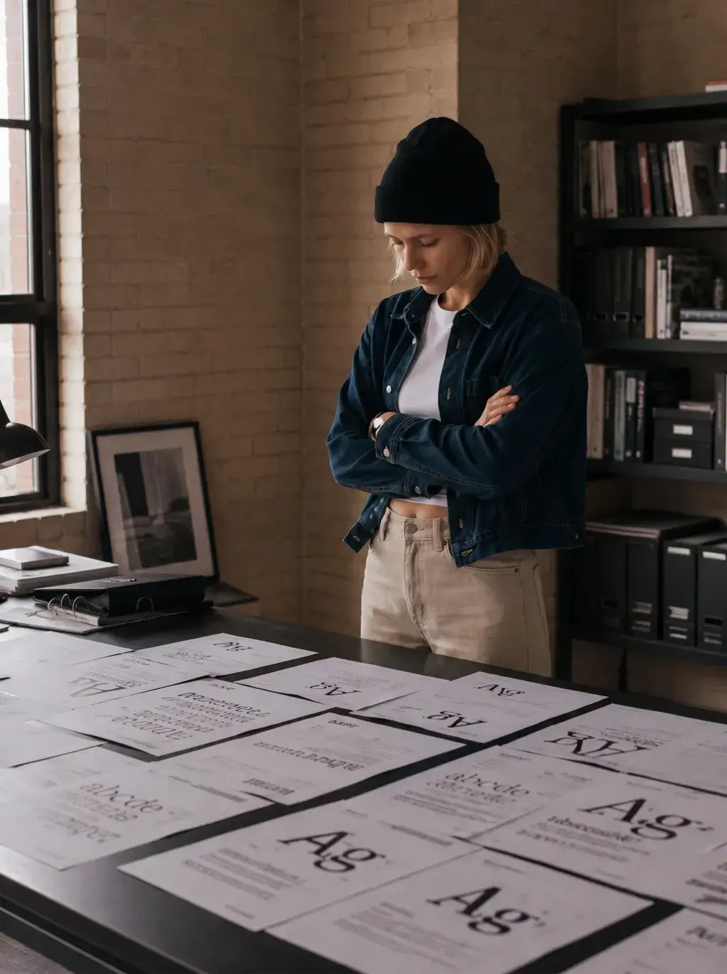 Directrice artistique – évaluation spécimens typographiques, bras croisés