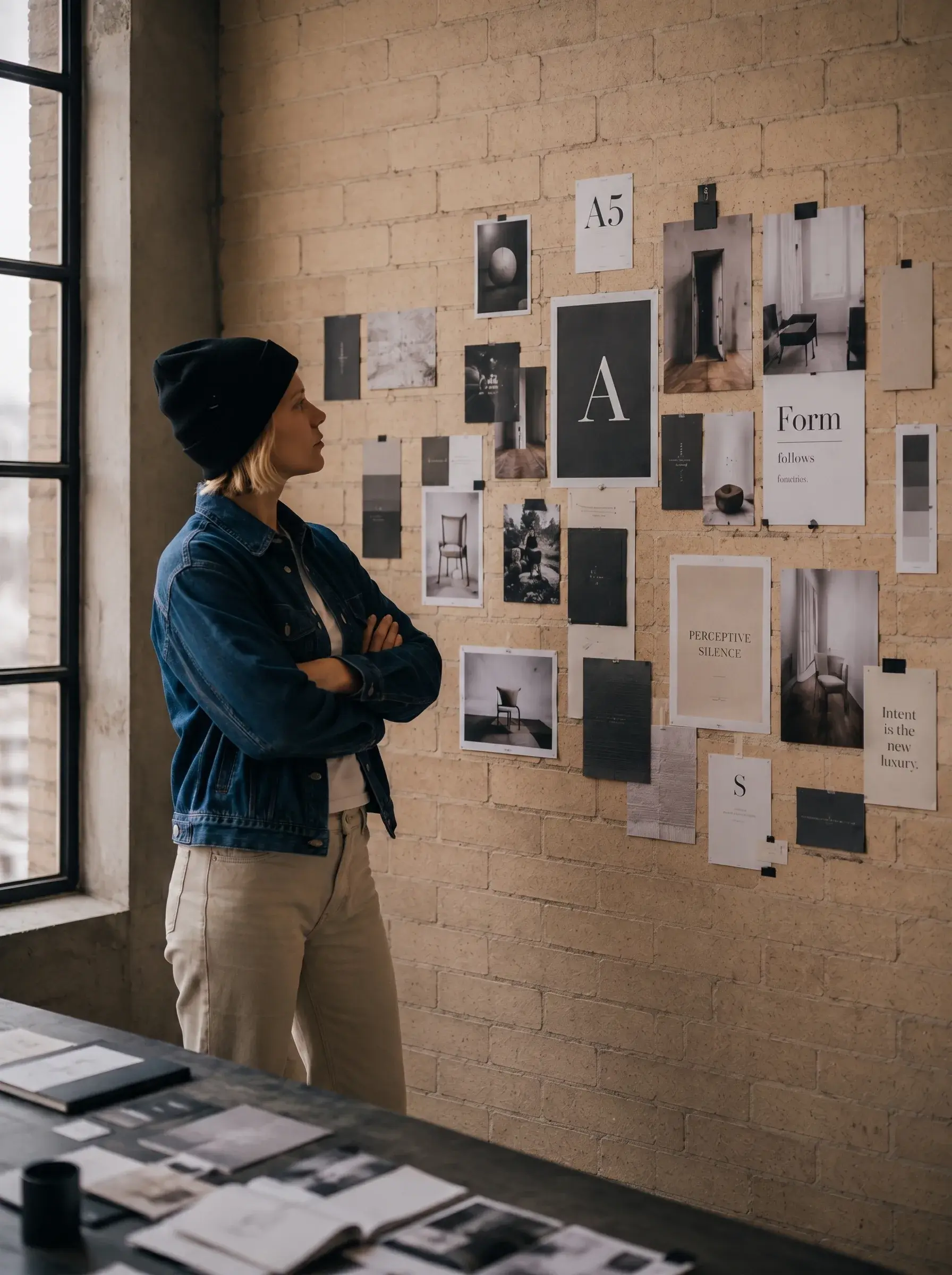 Directrice artistique – examen tableau d'inspiration, mur brique, bras croisés