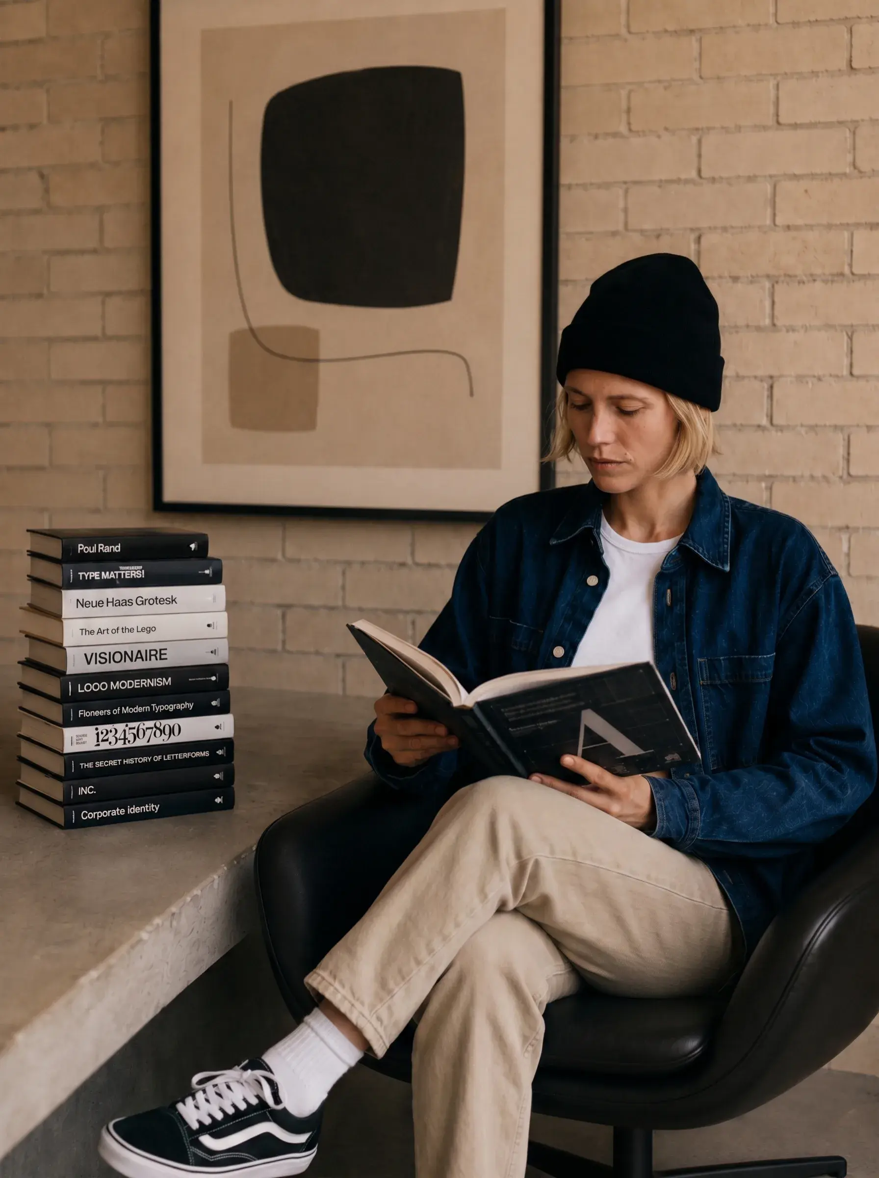 Directrice artistique – lecture, fauteuil sombre, pile de livres, affiche