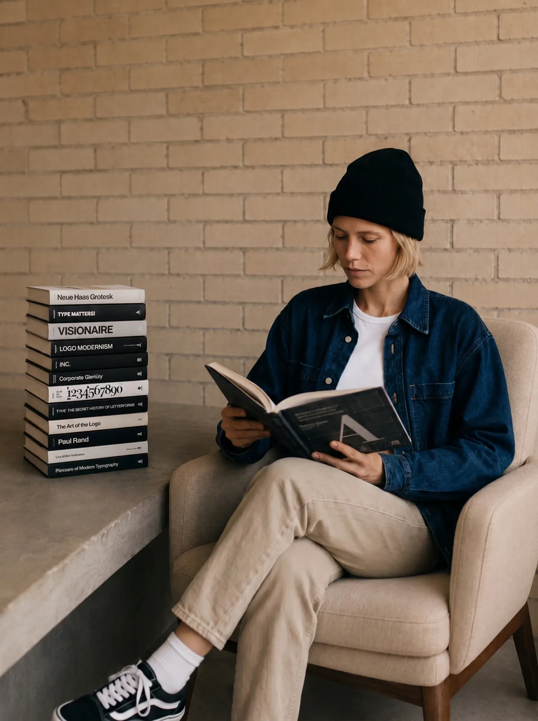 Directrice artistique – lecture livre design, fauteuil, pile de livres