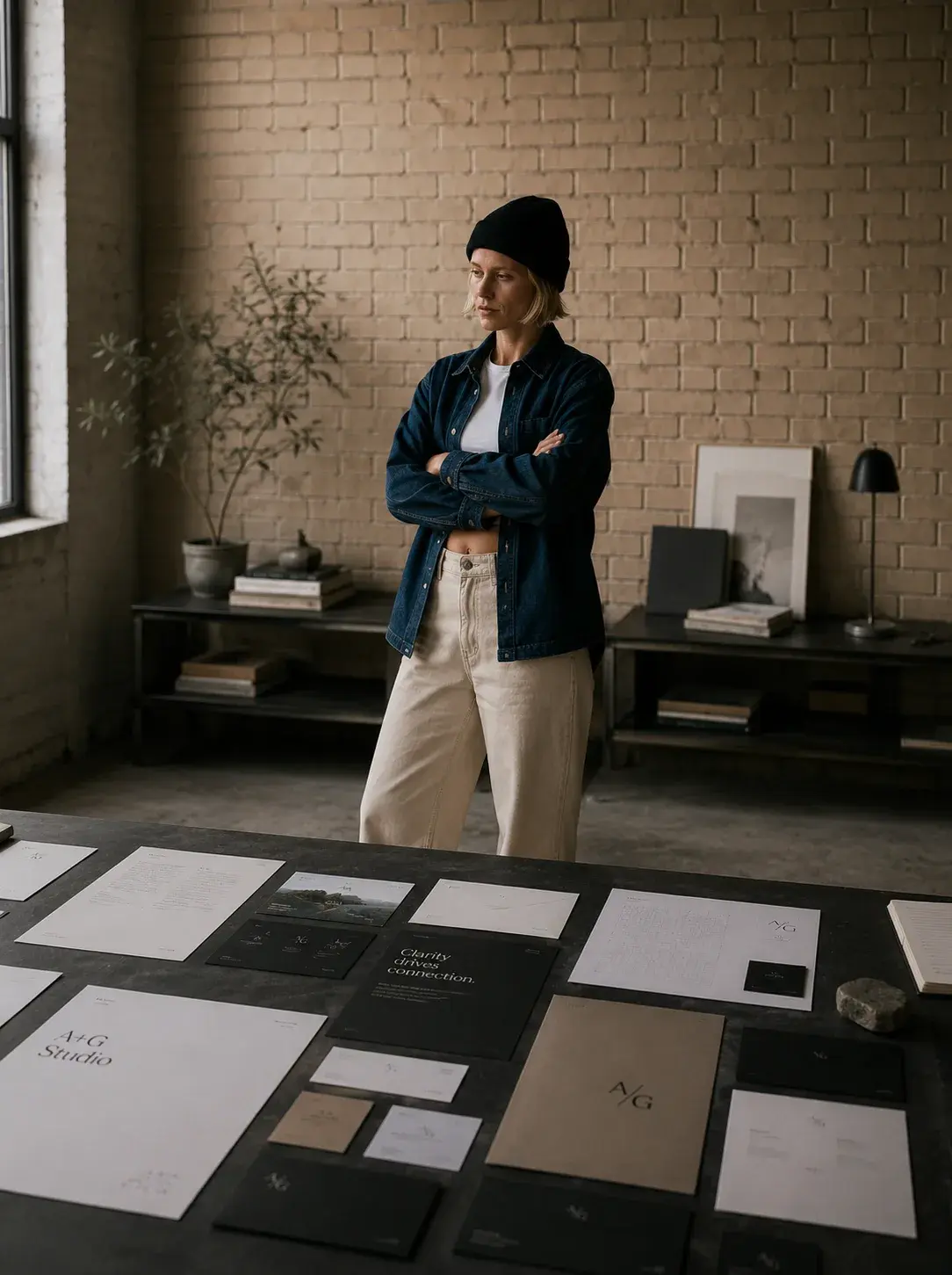 Directrice artistique – livrables identité visuelle, table studio, portrait