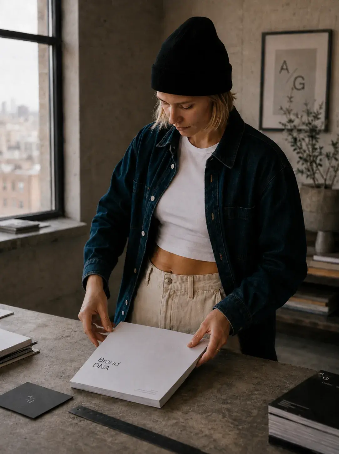 Directrice artistique – livre identité de marque, studio lumineux, fenêtre